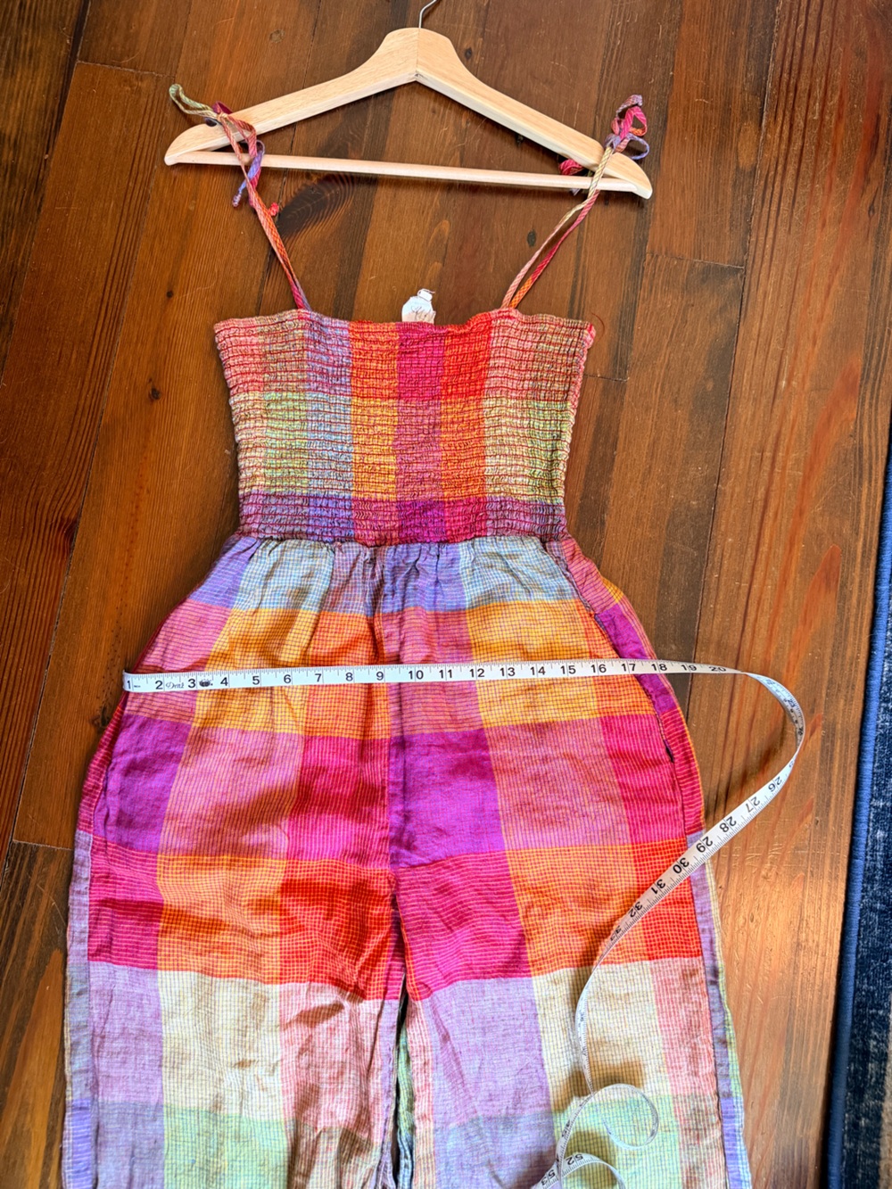 dRA 100% Linen Wide Leg Smocked Colorful Checkered Plaid Print Jumpsuit - MP - Picture 10 of 11